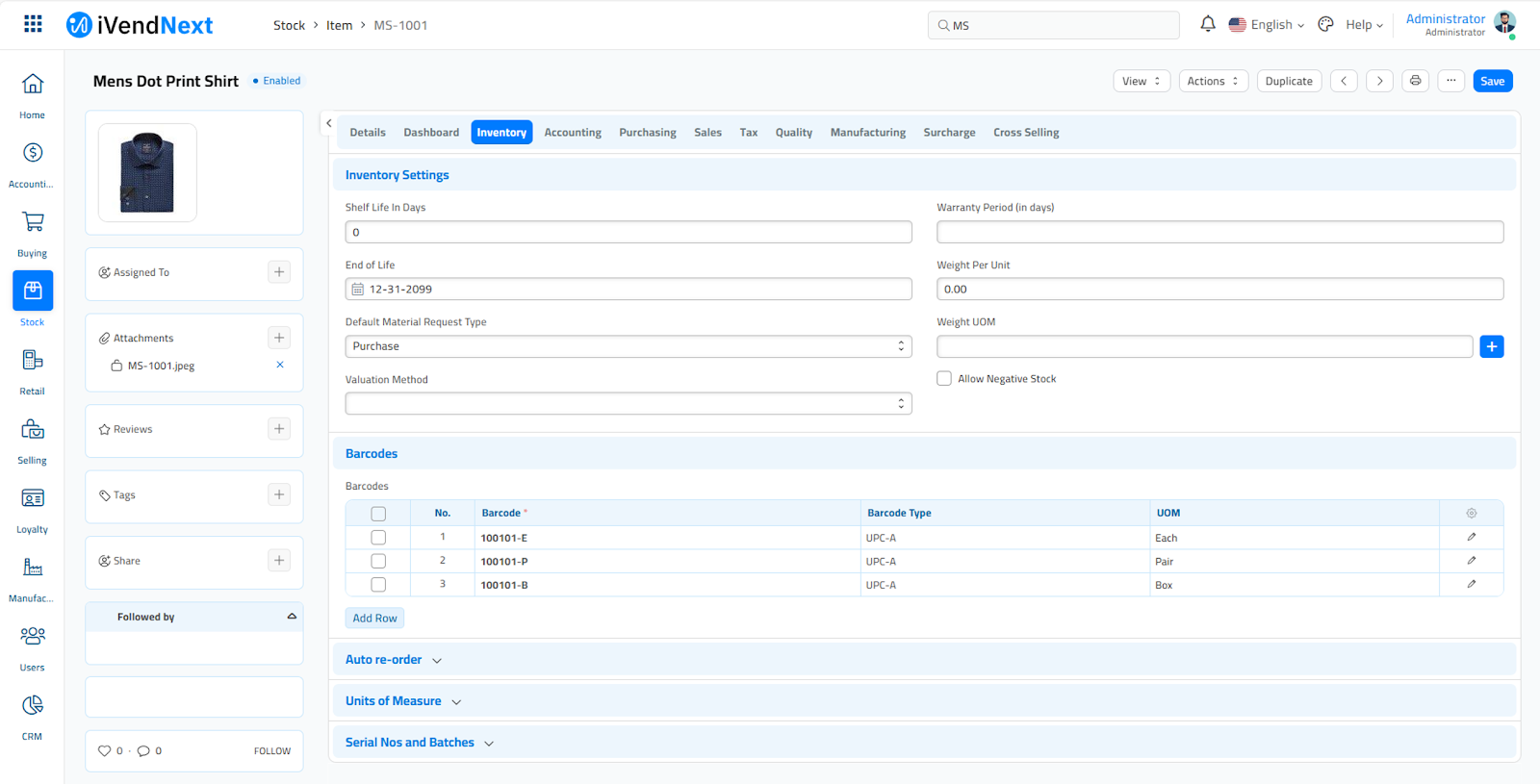Item - Shirt - UOM Specific Barcode